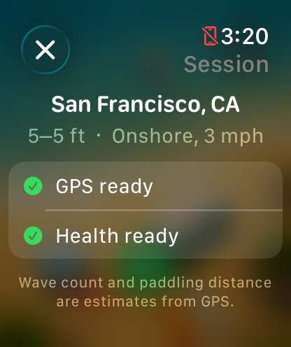 SurfTap session start GPS screen