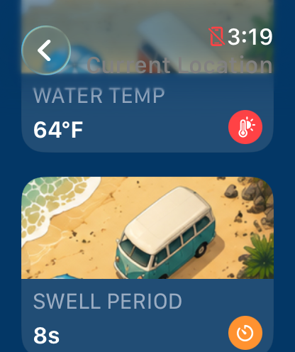 SurfTap water temperature and swell period cards